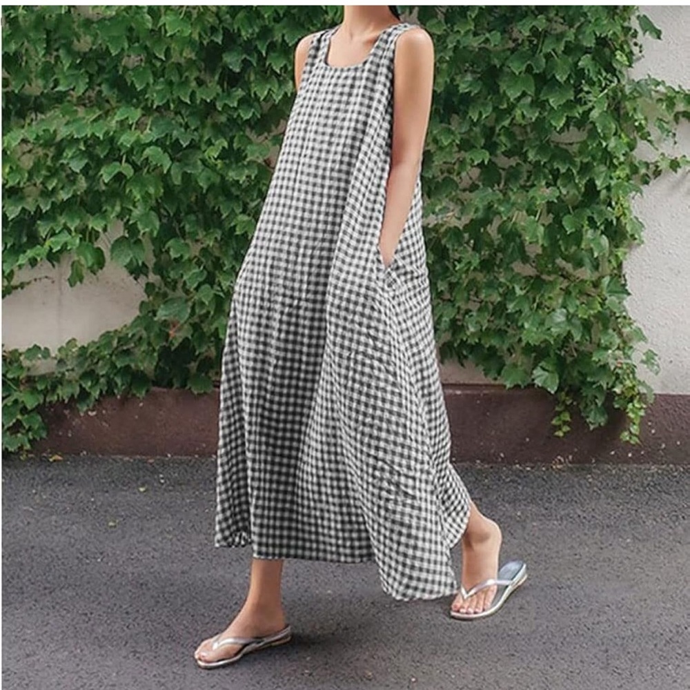 NWT Chouyatou Gingham Cotton Sleeveless Maxi Dress